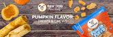 Healthy real pumpkin flavored chew sticks and raw dog punkin puff crispy treats
